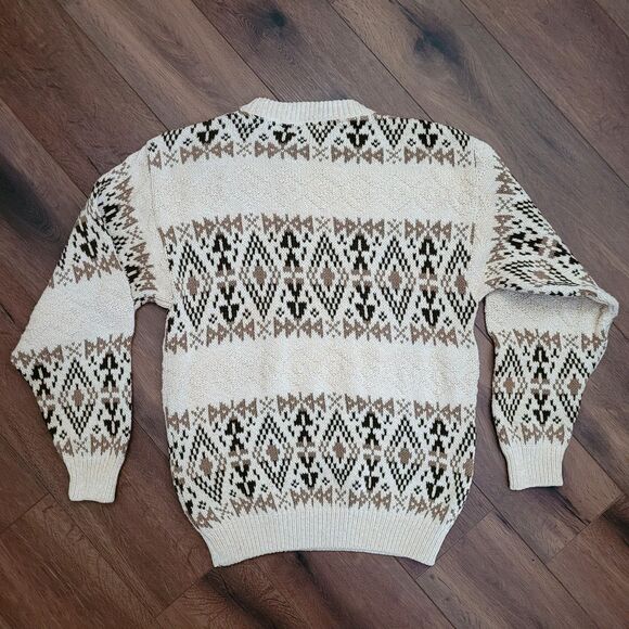 Vintage 90s Y2K Fair Isle Sweater Mens L Van Heusen 100% Cotton Cream Brown USA - Picture 4 of 14